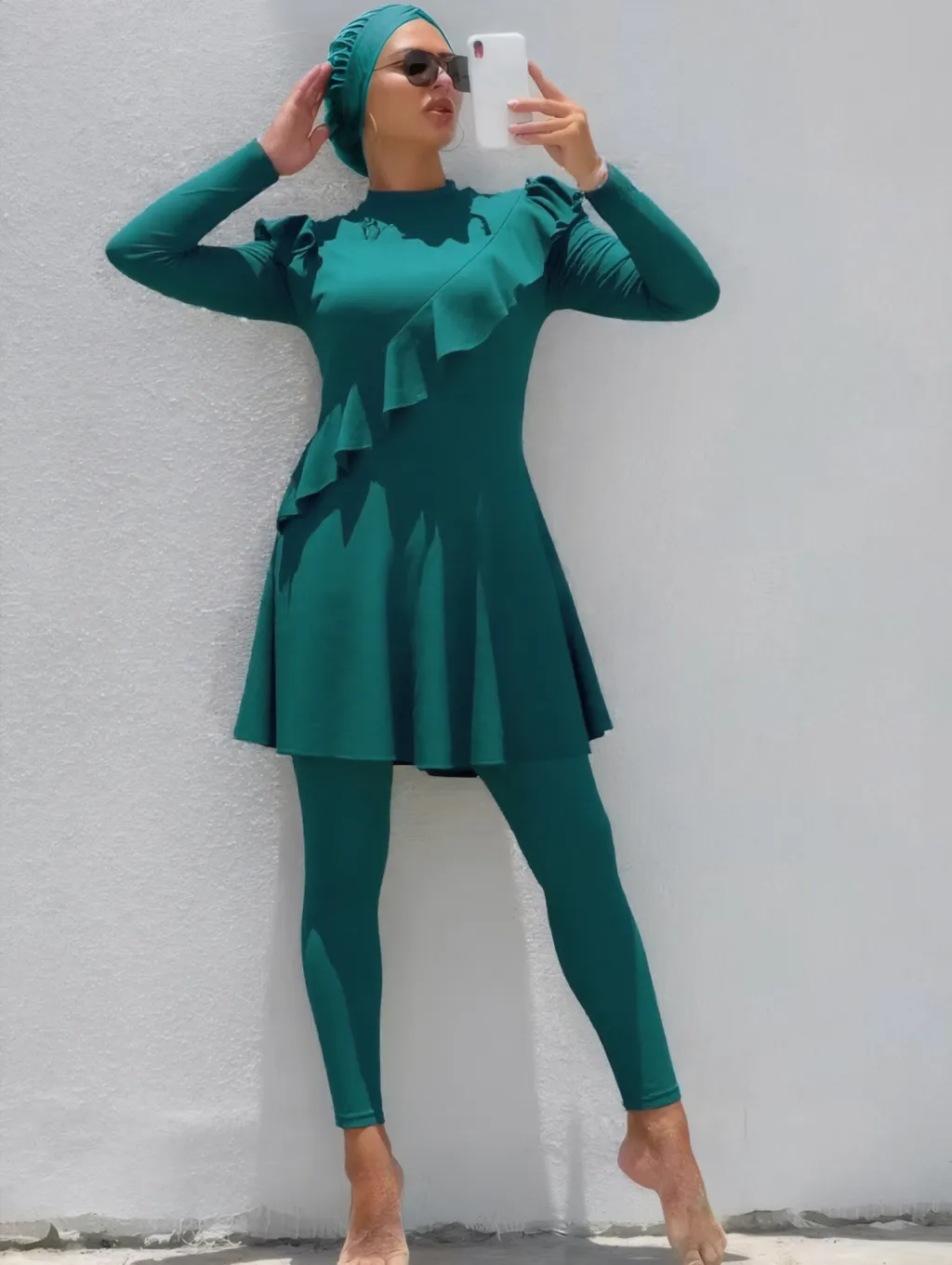 Muslim Swimsuit Long Sleeve Swimming Dress Long Swimming Trunks Two-piece Set - Peacock Green