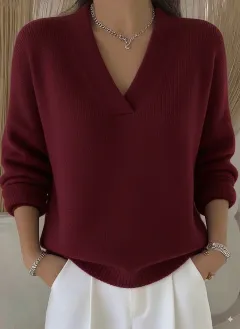 Elegant Soft V-neck Long Sleeve Women's Sweater Knitted Loose Sweater Autumn And Winter New Solid Colour Casual Fashion Women's Knitted Sweater - Wine - View 1
