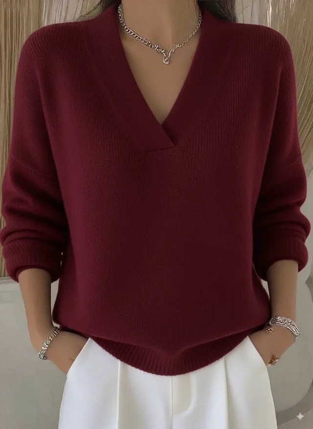 Elegant Soft V neck Long Sleeve Women's Sweater Knitted Loose Sweater Autumn And Winter New Solid Color Casual Fashion Women's Knitted Sweater Wine - Shop at LoveMi