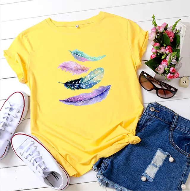European And American Color Feather Printed Cotton Short sleeved T shirt Yellow - Shop at LoveMi