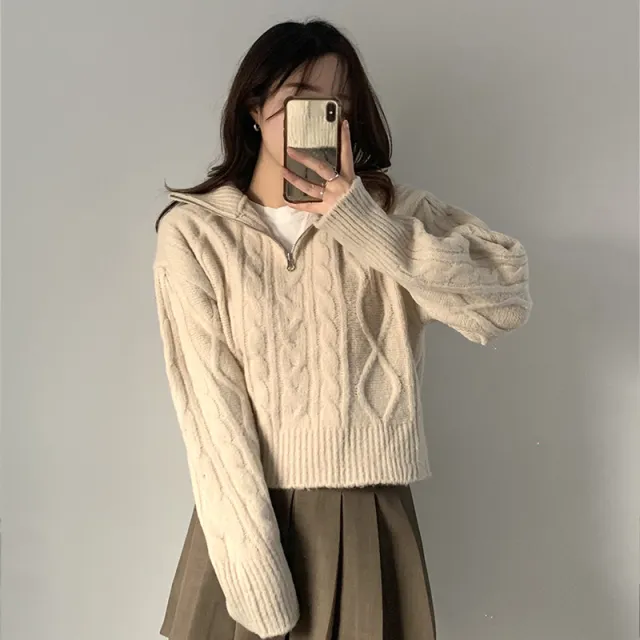 Korean style Half turtleneck Twist Twisted Half zip Collar Knitted Top Apricot - Shop at LoveMi