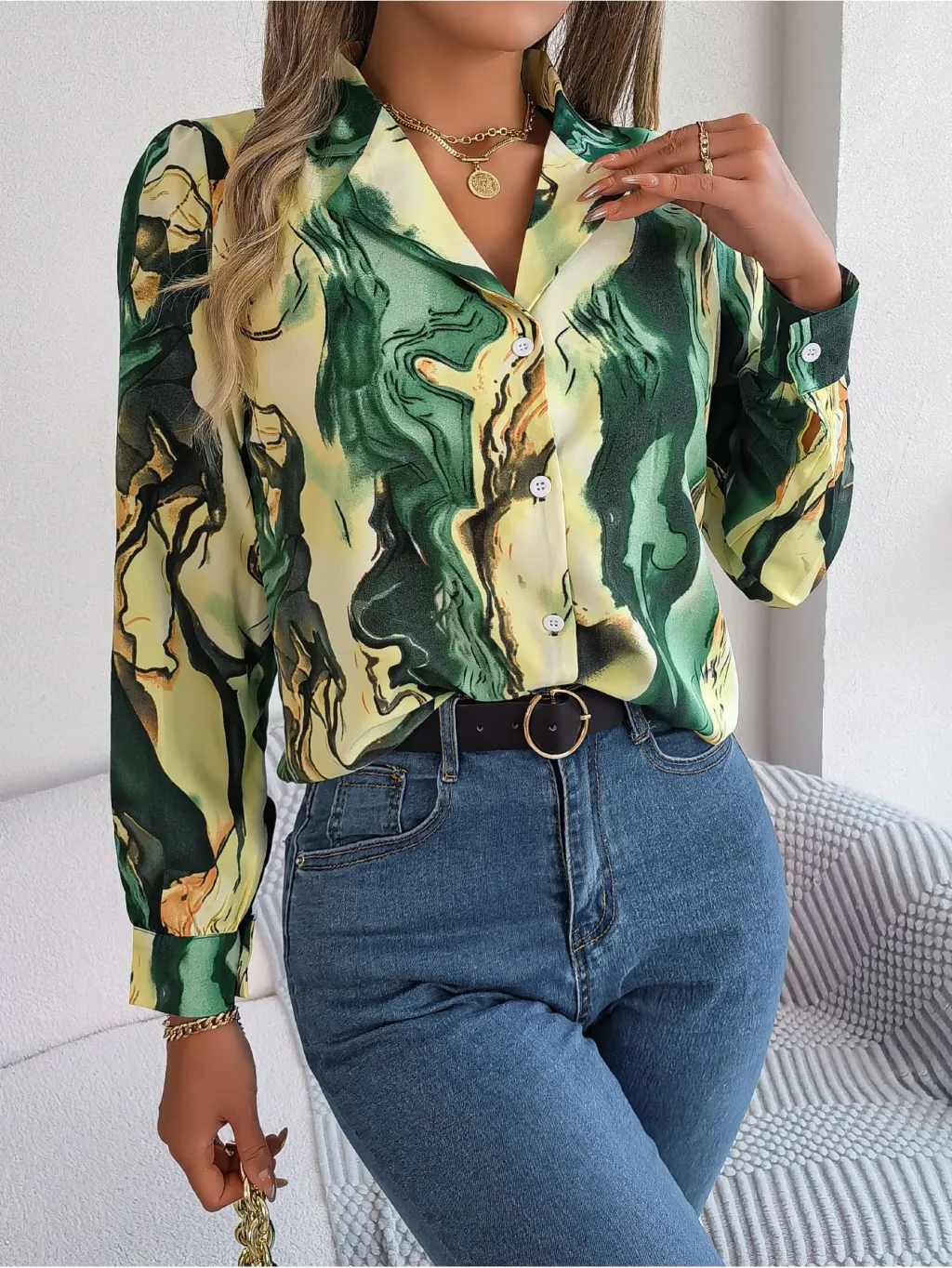 Casual Contrast Color Striped Shirt Suit Collar Long Sleeve Shirt - Green