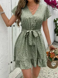 Summer French High Waist Floral Tie-neck V-neck Short Sleeve Dress - Green - View 1