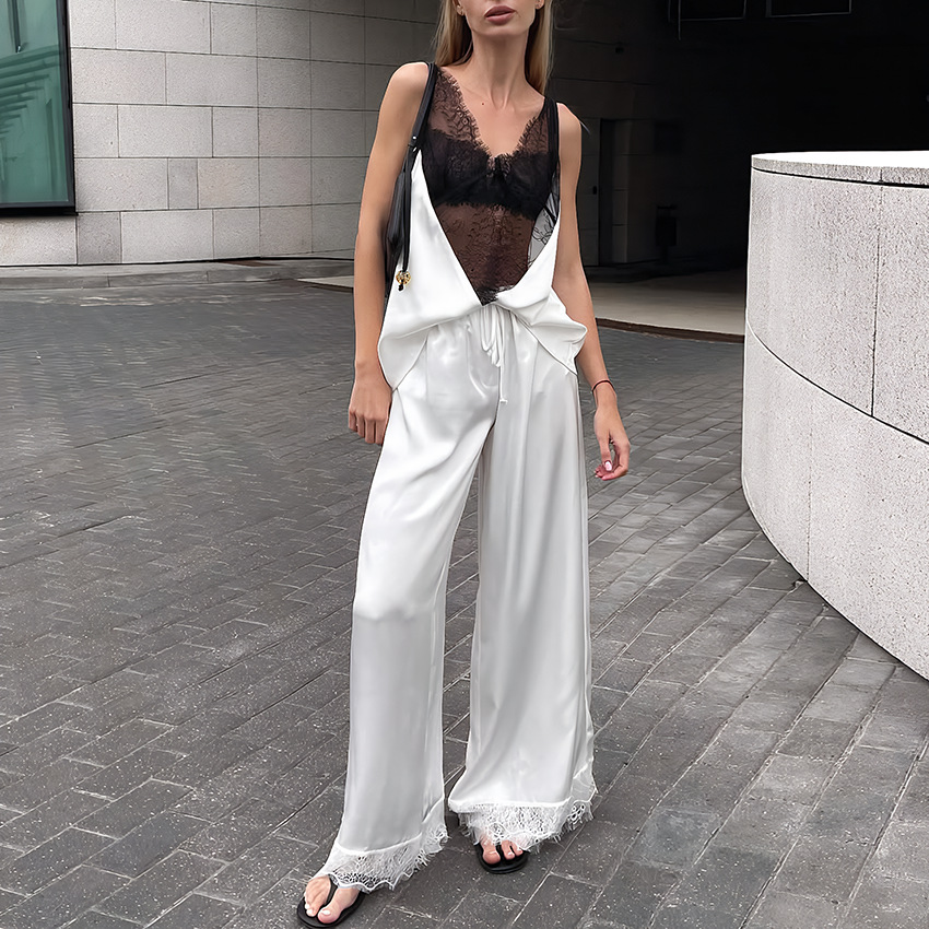 Womens Lace Color-Block Camisole And Draping Straight Pants Fashionable Casual Set