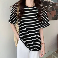 New Korean Style Back Patch Striped Short-sleeved Women's T-shirt - Black - View 1