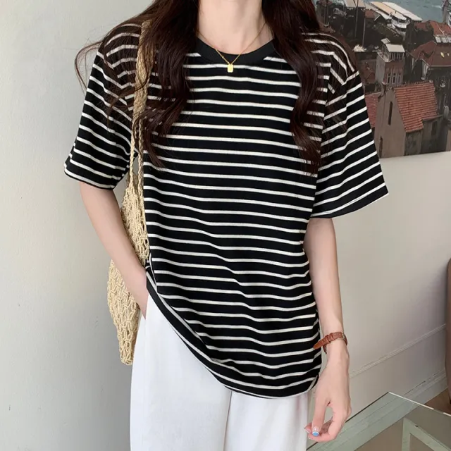 New Korean Style Back Patch Striped Short sleeved Women's T shirt Black - Shop at LoveMi