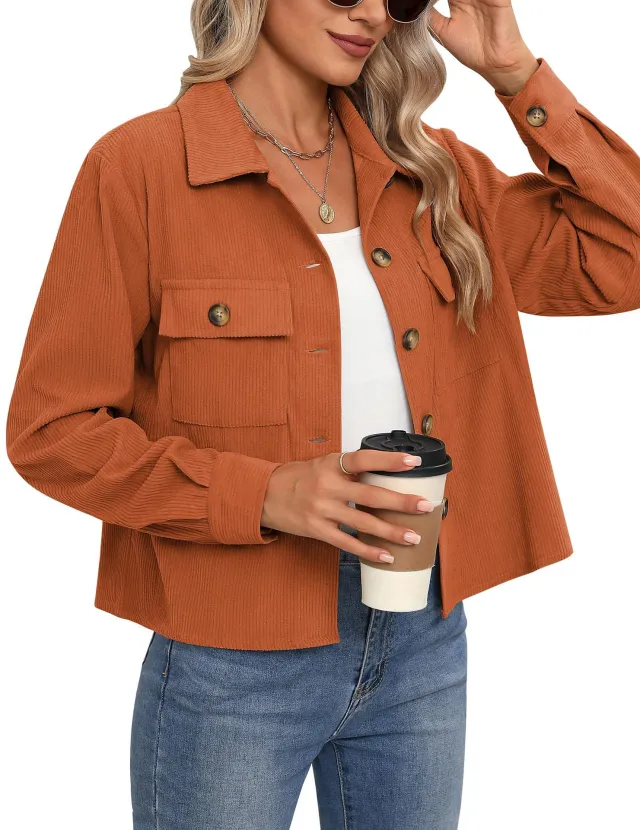 Women's Fashion Short Short Shirt Corduroy Button Orange Red - Shop at LoveMi