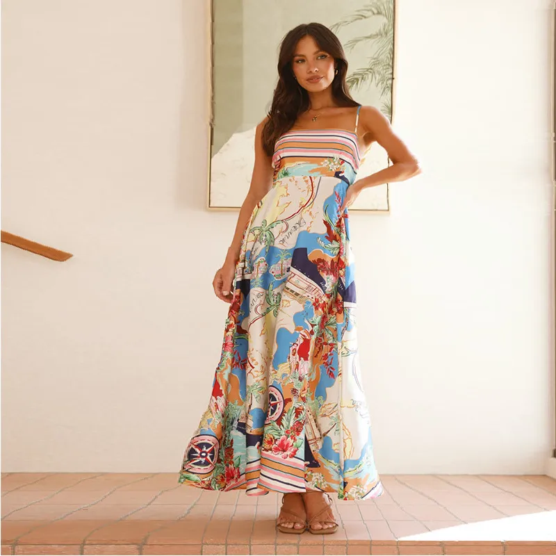 Painted Vacation Style Large Swing Sling Dress Women - Blue