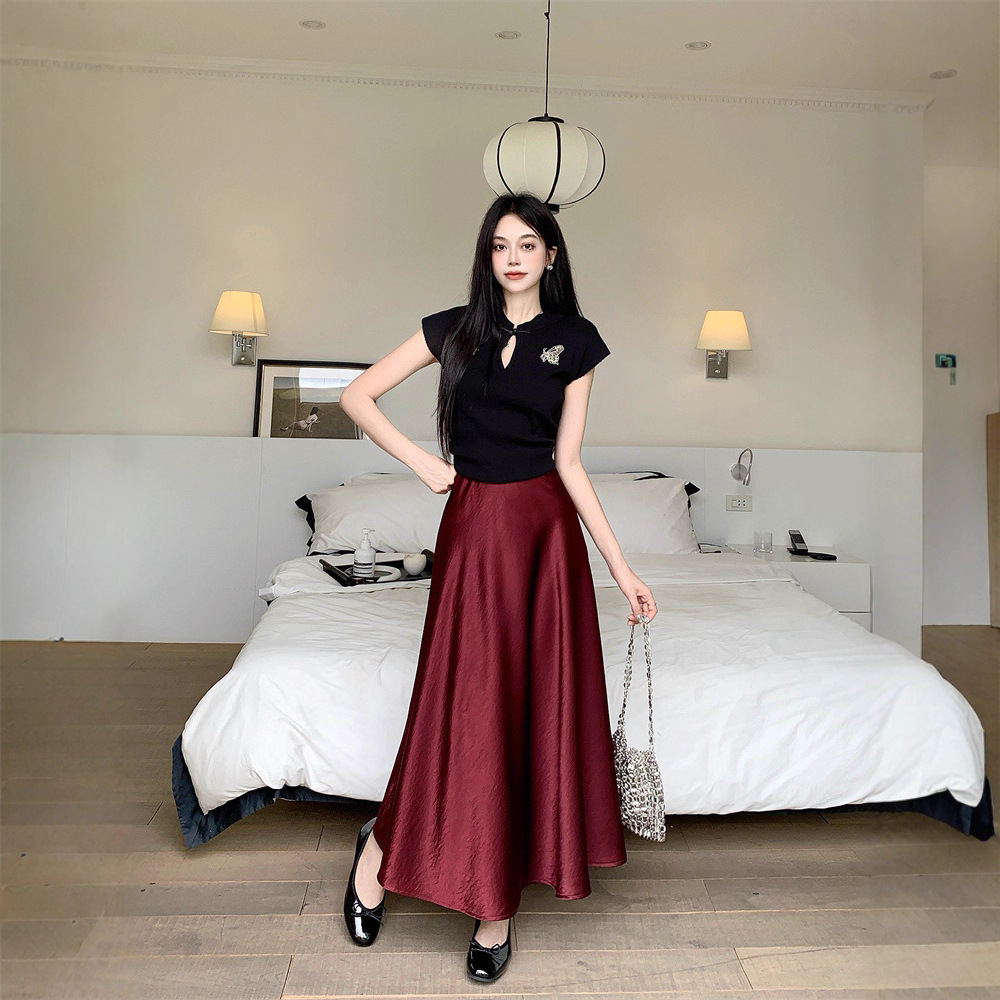Waist Acetate Satin Midi Skirt Womens Sophisticated And Elegant Style