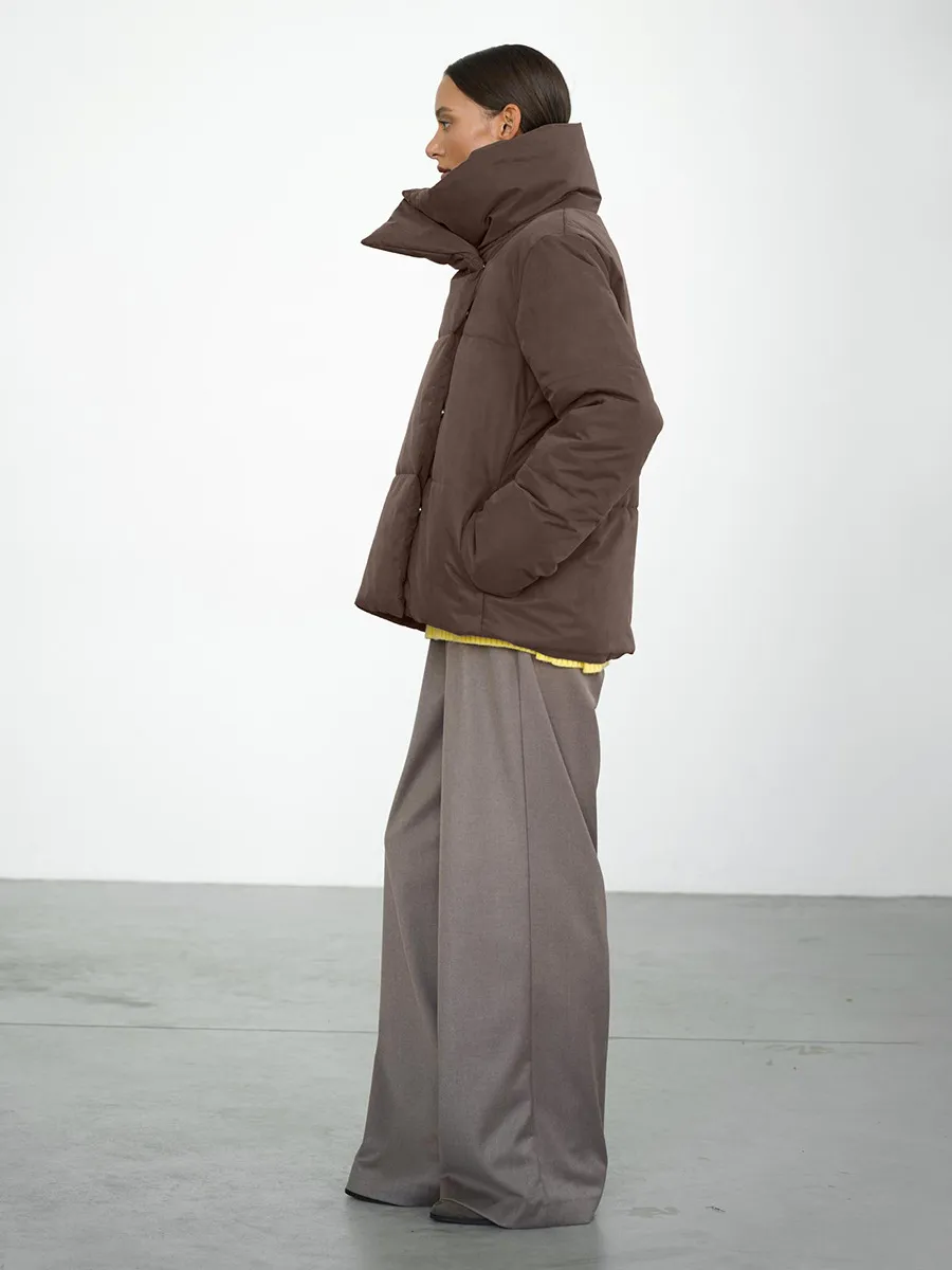 New Asymmetric Hidden Hook Warm Turtleneck Cotton-padded Jacket - Brown