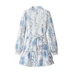 Blue And White Printed Stand Collar Puff Sleeve Long Sleeve Ruffled Dress - View 1