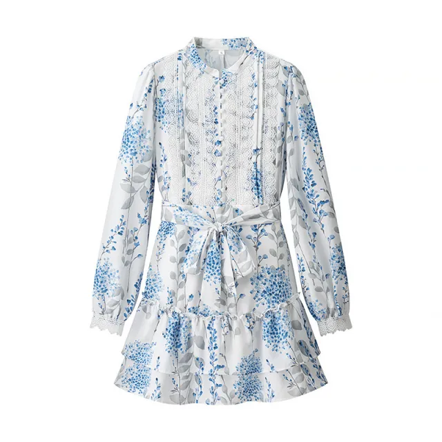 Blue And White Printed Stand Collar Puff Sleeve Long Sleeve Ruffled Dress White - Shop at LoveMi
