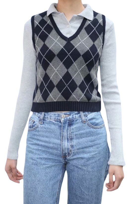 Retro Preppy Style Versatile Diamond-Check BM Knitted Vest