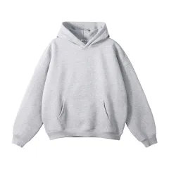 New Loose Fleece Trendy Drop Shoulder Solid Colour Hoodie - Grey - View 1