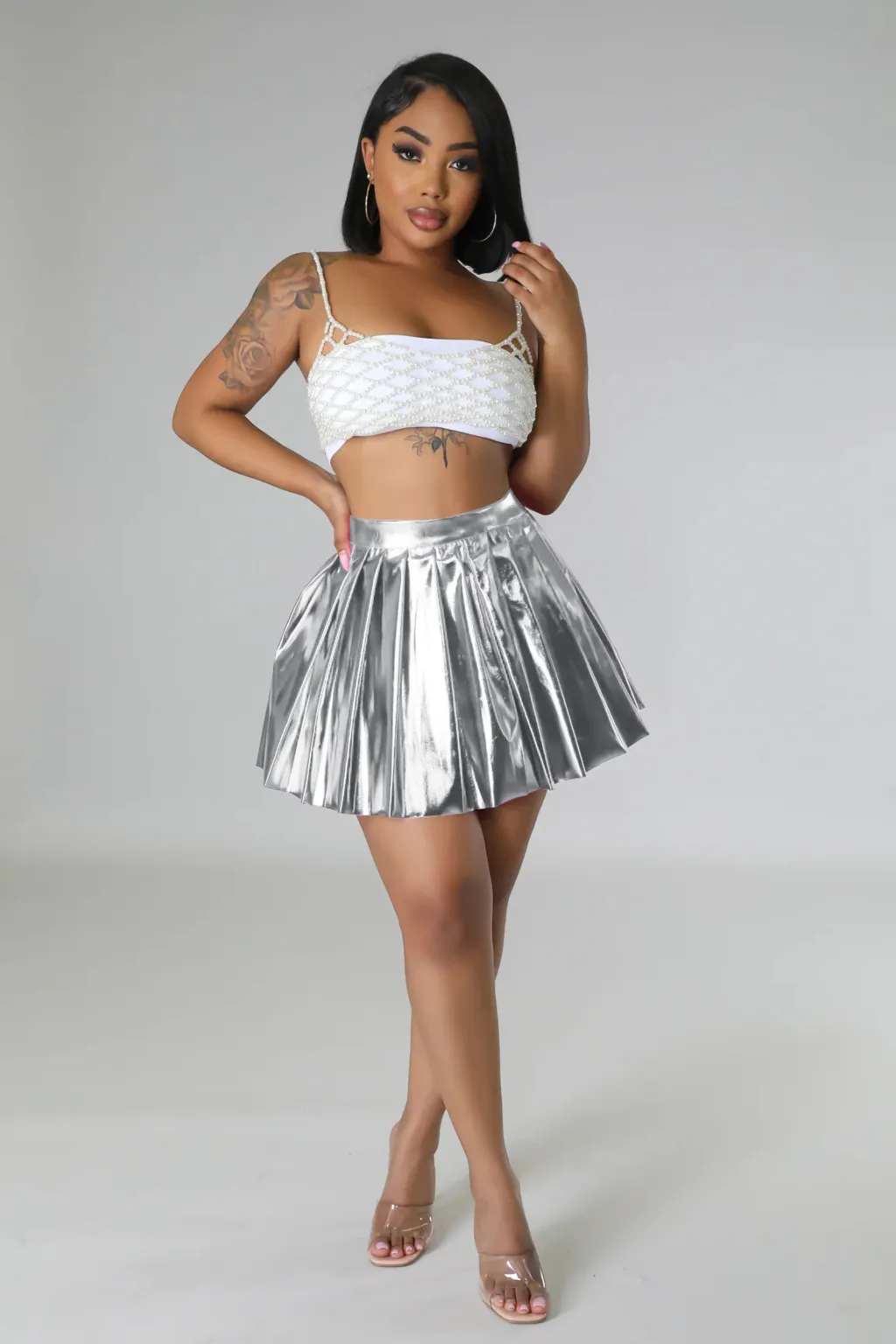 Fashion Ice Silk Bronzing Pleated Skirt - H0294 Silver