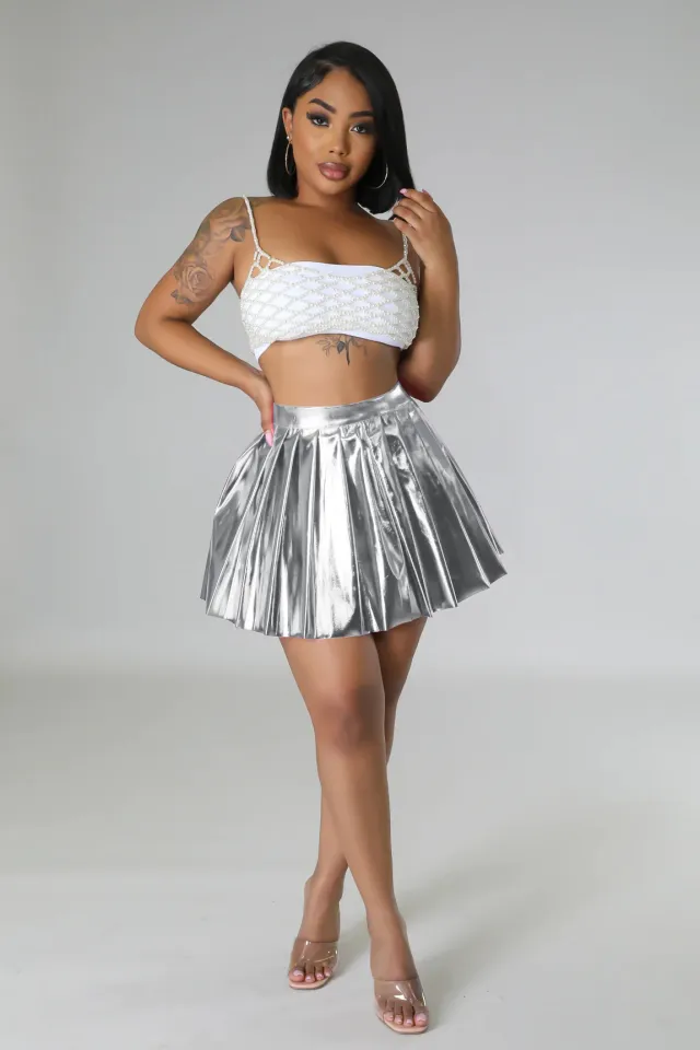 Fashion Ice Silk Bronzing Pleated Skirt H0294 Silver - Shop at LoveMi