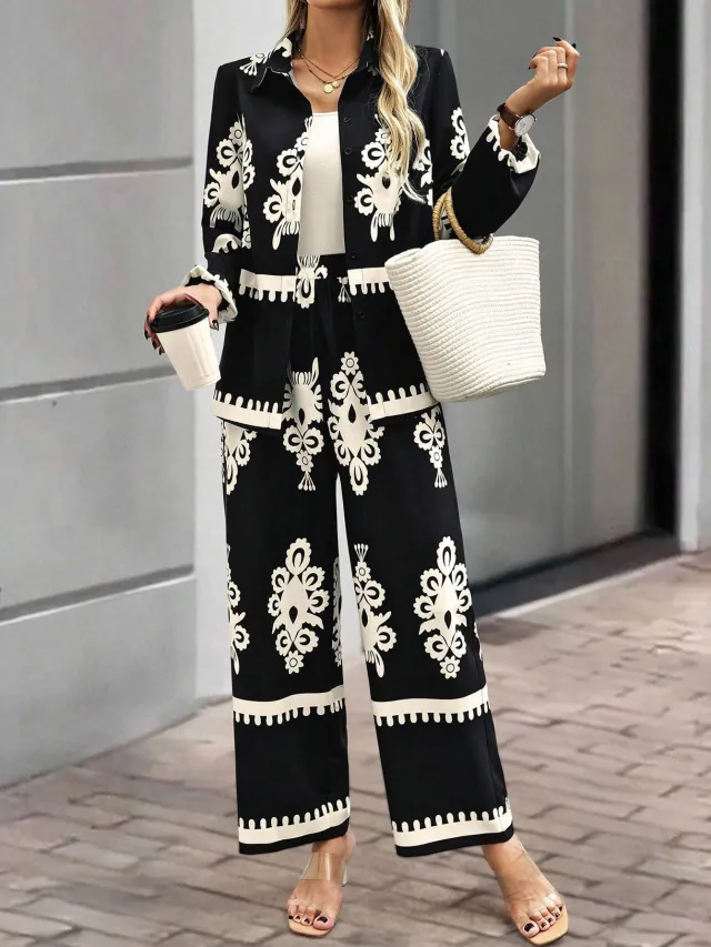 Casual Style Printed Loose Top Pants Two piece Set Black - Shop at LoveMi
