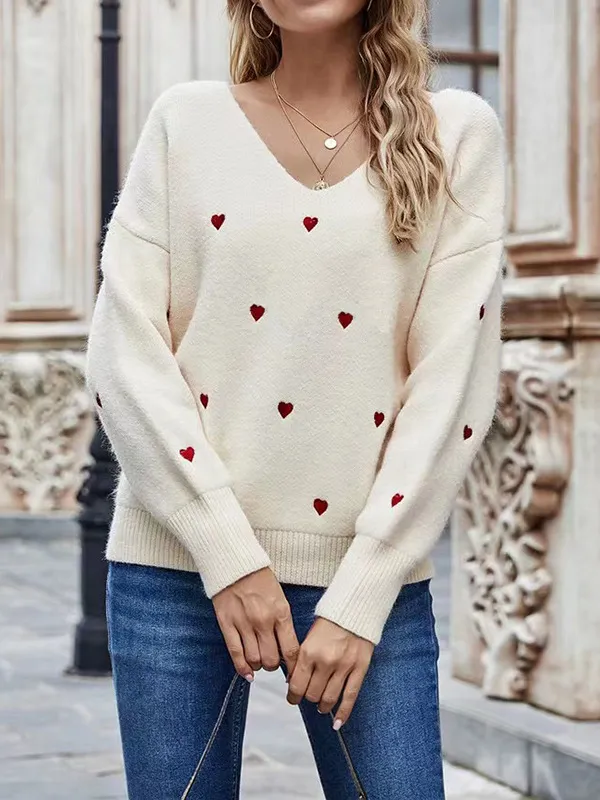 Women's Long sleeved Pullover Sweater Solid Color Heart shaped Jacquard Knitted Top Apricot - Shop at LoveMi