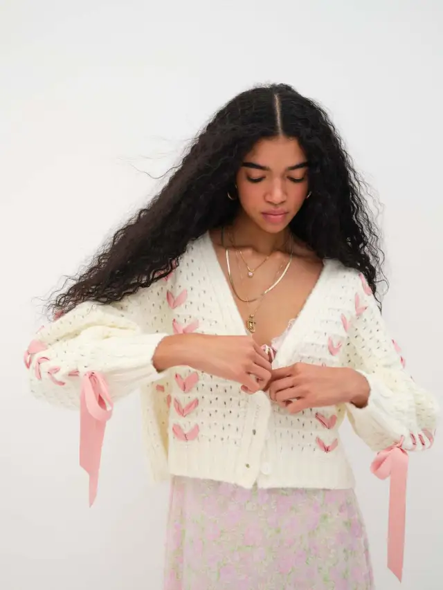 V neck Lace up Hollow Out Knitted Cardigan Top Loose Casual Sweater Coat For Women White - Shop at LoveMi