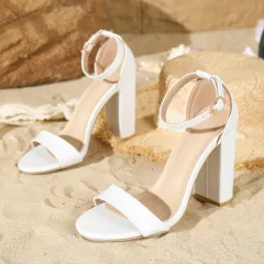 Solid Colour Female Summer Open Toed Word With Chunky Heel High Heel Sandals - White - View 1