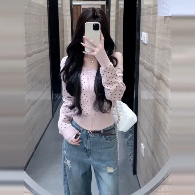 Polka Dot Long Sleeve Diagonal Cardigan Sweater Women's Casual Coat Pink - Shop at LoveMi