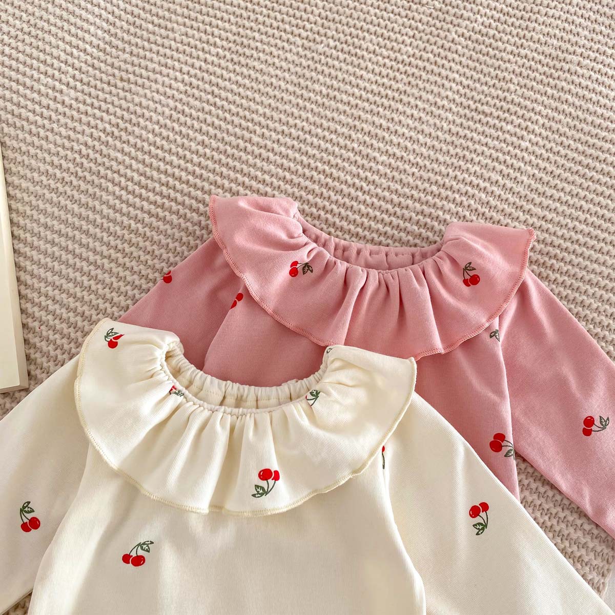 Ruffled Collar Bottom-covering Rompers Newborn 0-2 Years Old Cherry Print Long Sleeve Jumpsuit