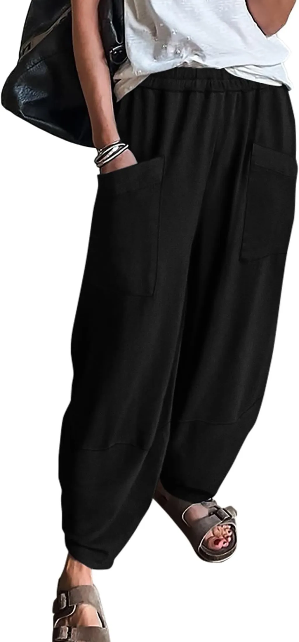 Women's Elastic Waist Loose Pockets Trousers - Black