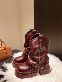 Fashionable All-match Thick Bottom Increased Vintage Martin Boots Women's Western Sweet Cool Slimming - Wine - View 1
