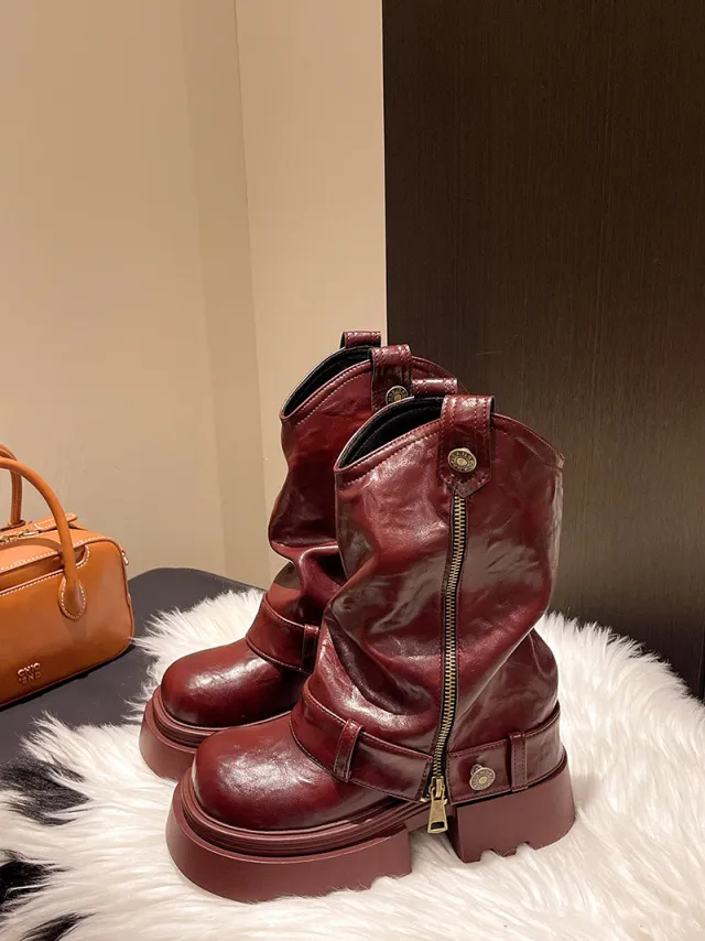 Fashionable All match Thick Bottom Increased Vintage Martin Boots Women's Western Sweet Cool Slimming Wine - Shop at LoveMi