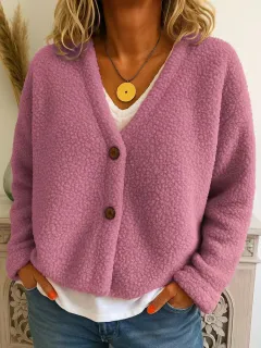 Casual V-neck Long Sleeve Cardigan Solid Colour Fleece Button Coat - Peach - View 1