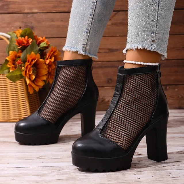 Womens Mesh Chunky Heel Fashion Ankle Boots With Back Zip Black - Shop at LoveMi