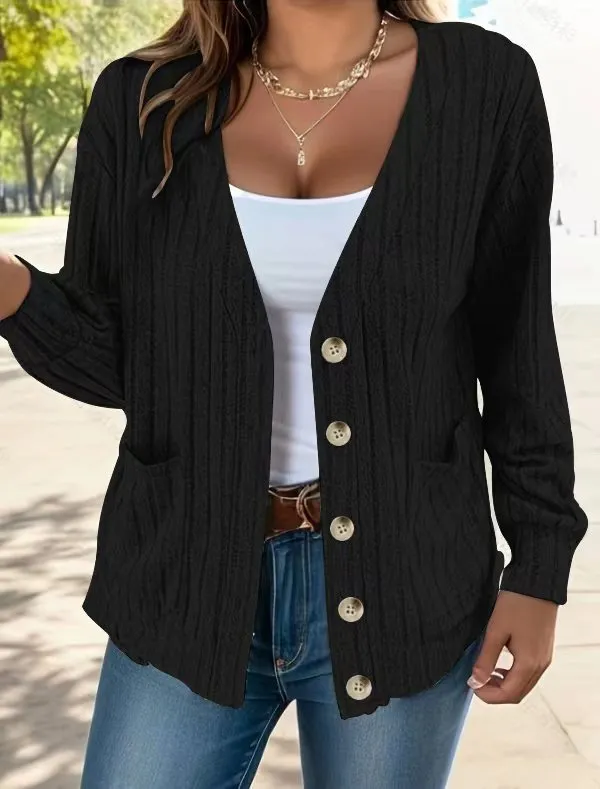 Solid Color Buttons V neck Loose Long Sleeve Cardigan For Women Black - Shop at LoveMi
