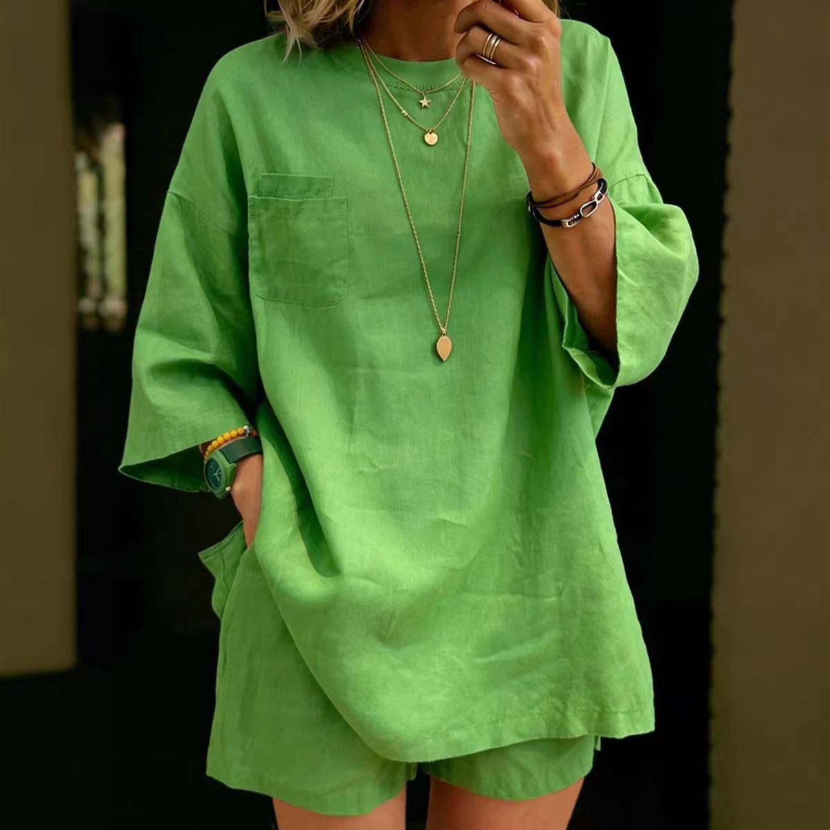 Women's Loose-fitting Short-sleeve And Shorts Set