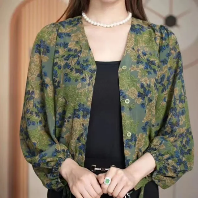 Fashionable Floral Shirt Women's Printed Thin Coat Green - Shop at LoveMi