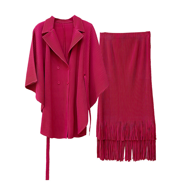 Tassel Pleated Long Cardigan Casual Skirt Two-piece Set For Women