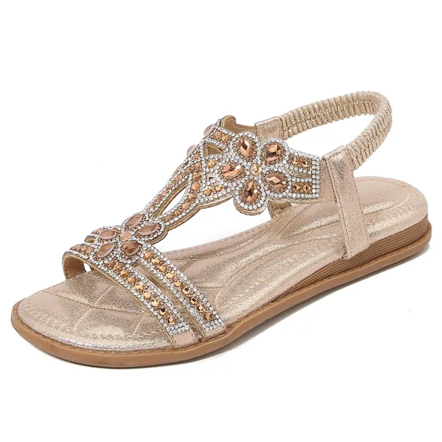 Women's Flat Shoes Bohemian Ethnic Style Flower Rhinestone Gold - Shop at LoveMi