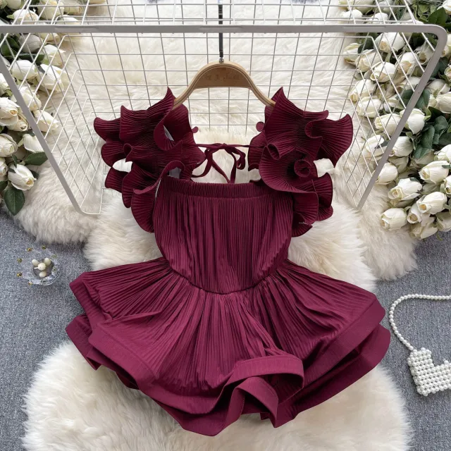 Design Ruffled Pleat And Waisted Lace up Shirt Wine - Shop at LoveMi