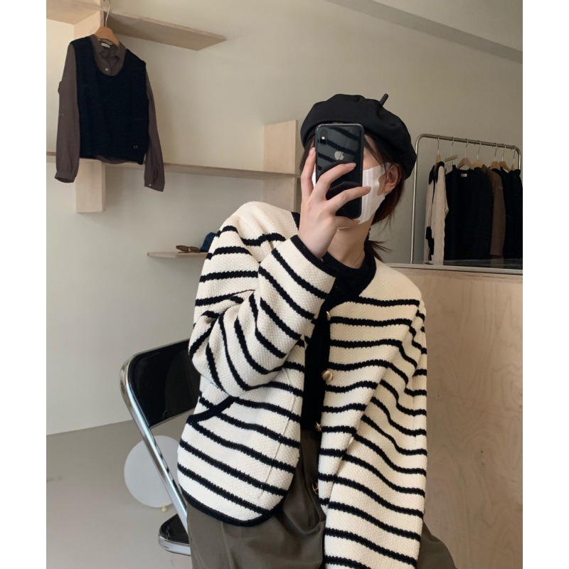 College Style Striped Sweater Coat Loose