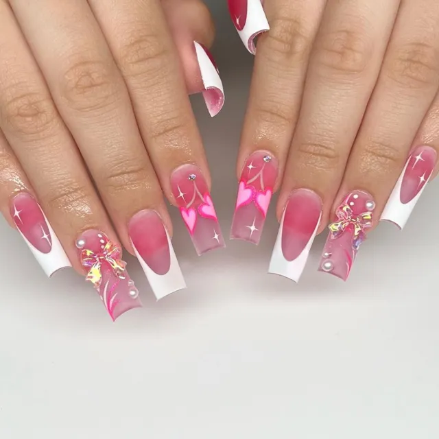 Wear A Piece Long Aurora Bow Pearl Rhinestone White French Edge Fake Nails Toolkit - Shop at LoveMi
