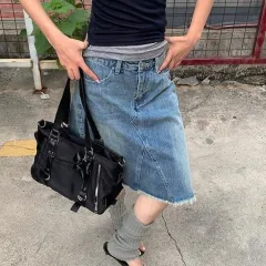 Womens Retro Washed Blue Denim Raw Hem Skirt In American Style - Blue - View 1