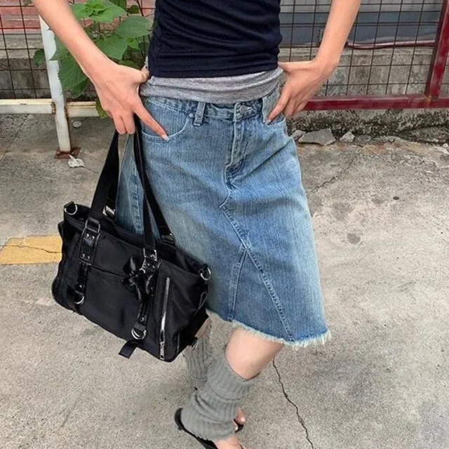 Womens Retro Washed Blue Denim Raw Hem Skirt In American Style Blue - Shop at LoveMi