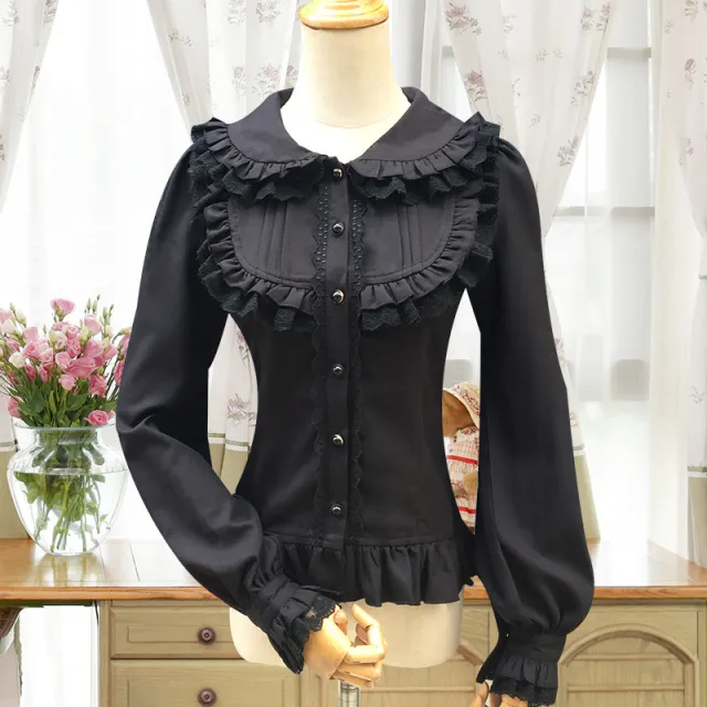 Women's Long Sleeve Slim fit Sweet Lolita Chiffon Blouse Black - Shop at LoveMi