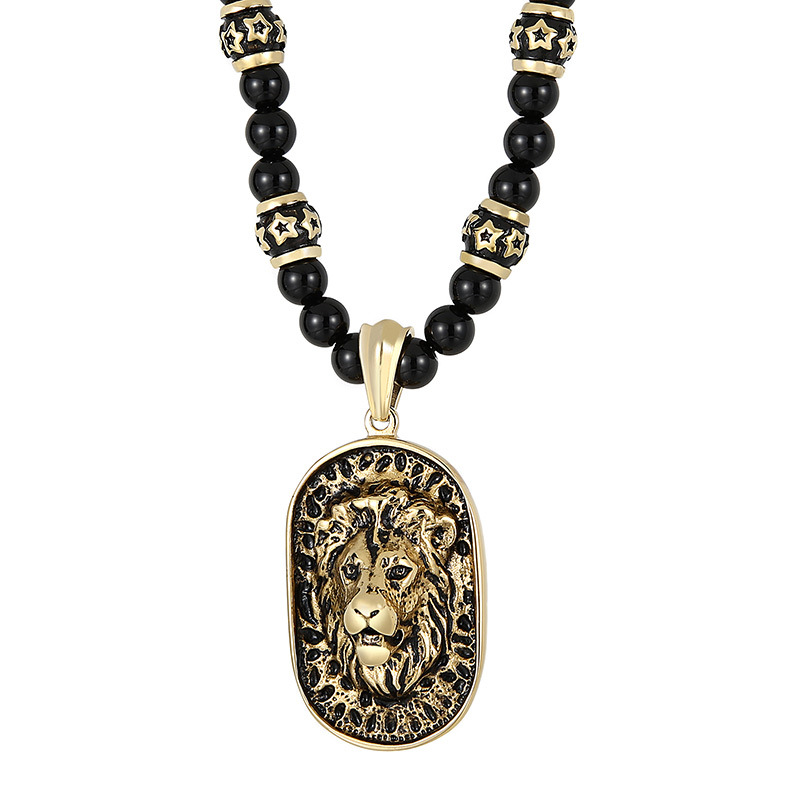 Ornament Titanium Steel Exaggerated Lion's Head Pendant Ethnic Style Buddha Beads Long Sweater Chain
