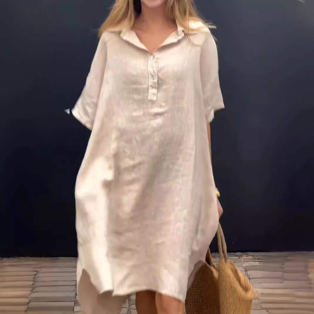 New Solid-color Casual Cotton-linen Long Dress With A Turn-down Collar And Buttons