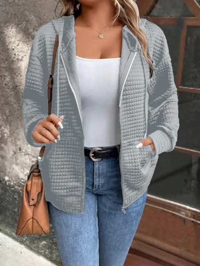 Waffle Hooded Drawstring Long Sleeve Sports Jacket Gray - Shop at LoveMi