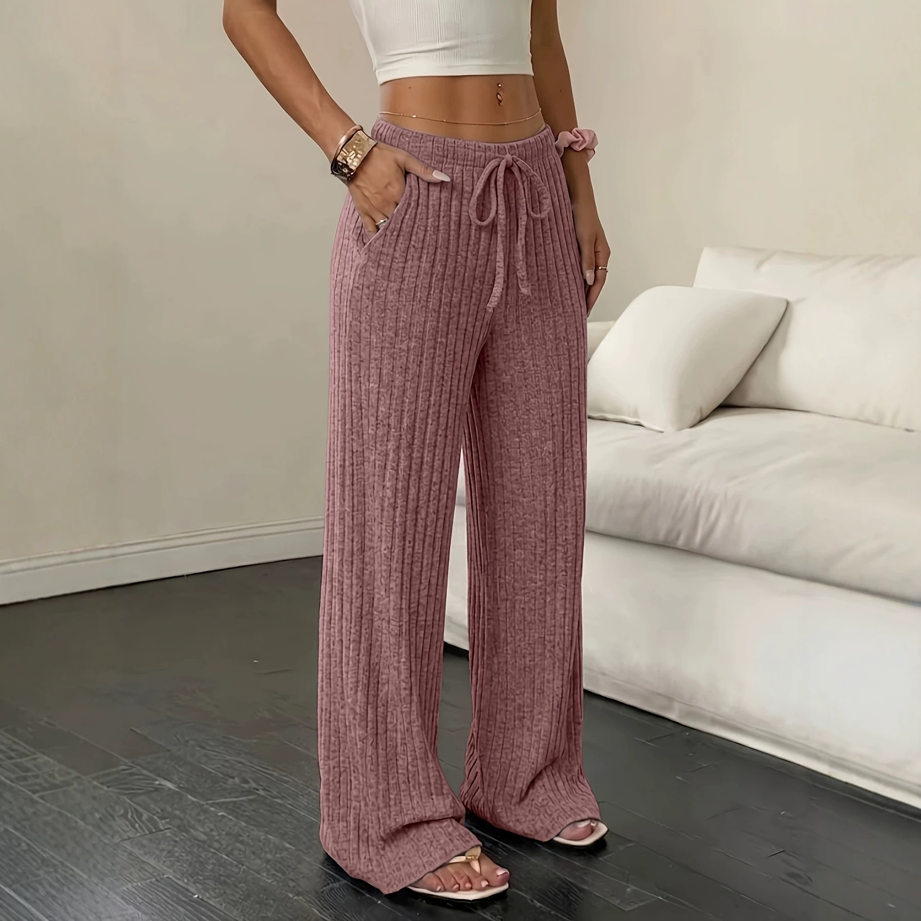 Women's Elastic-waist Wide-ribbed Knit Straight-leg Wide-leg Pants