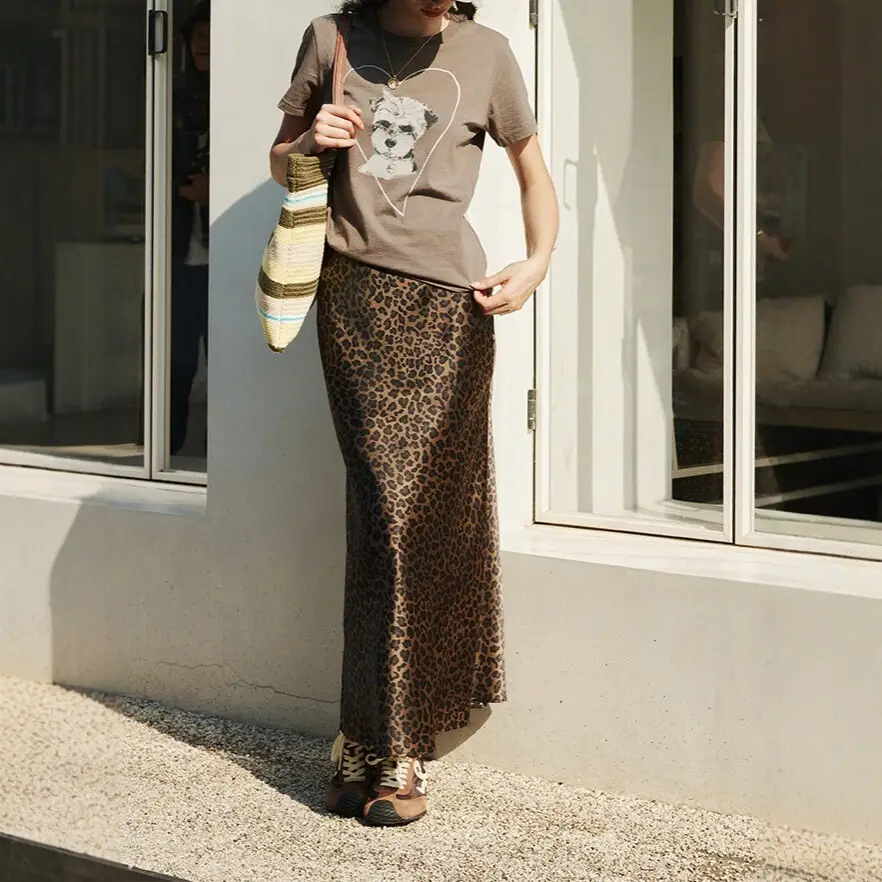 Copper-gold Leopard-print Plain Satin Faux-silk Midi Skirt