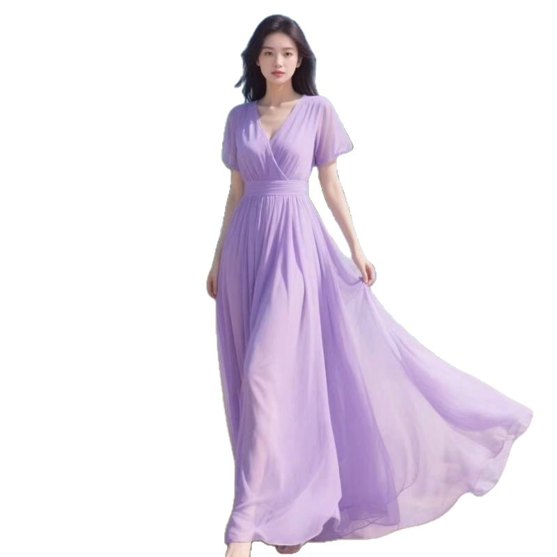 Womens Solid-Color Chiffon Maxi Dress - Image 4