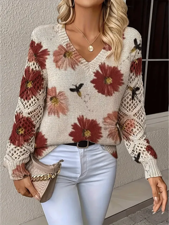 Elegant Bohemian Floral V neck Long Sleeve Fashion Printed Sweater Vt1 - Shop at LoveMi