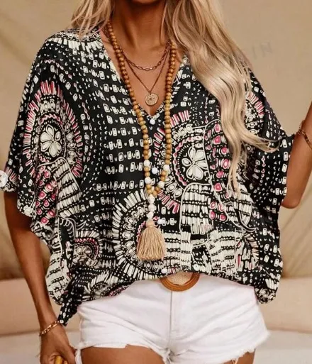 European And American Leisure Shirt New V neck Printed Vacation Style Black - Shop at LoveMi